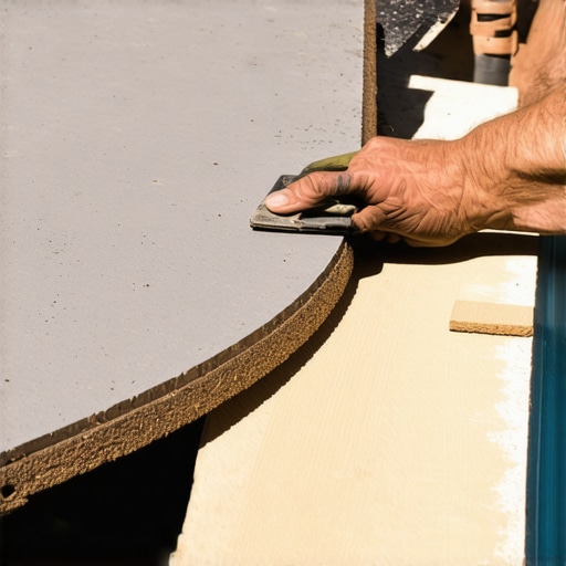 A worker applying sealant to the exposed raw edge of a cut composite deck board near a curved pool.