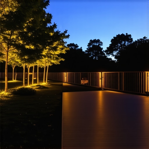 A well-lit outdoor deck showing the transition to landscape lighting at night