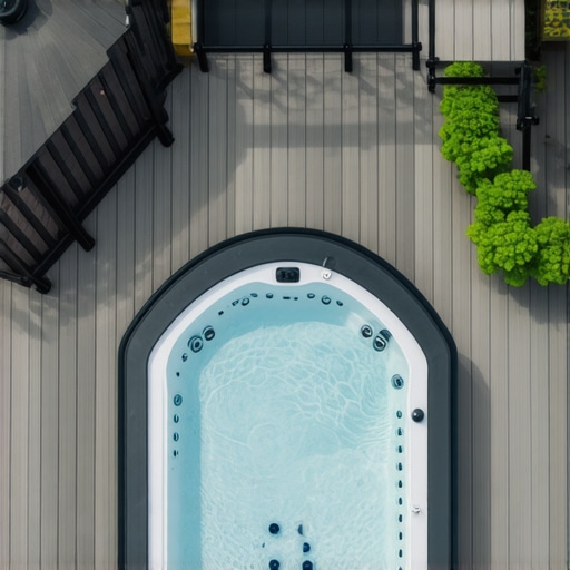 A semi-sunken hot tub built into a dark gray composite deck with a picture-frame border and black railings.