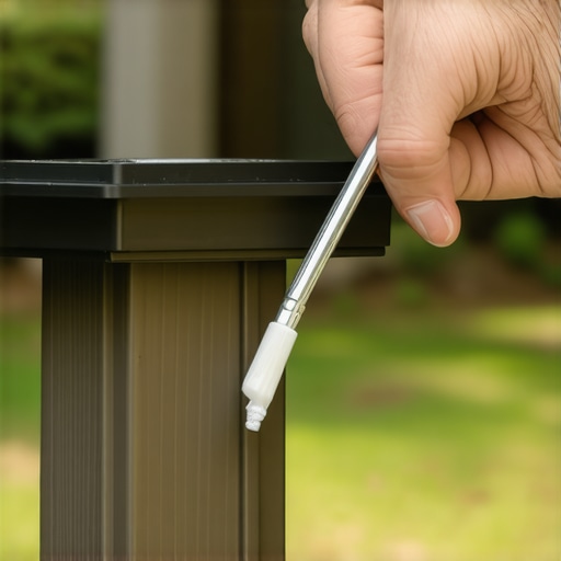 A worker applying exterior silicone sealant to the inside of a metal deck post cap to prevent wind uplift.