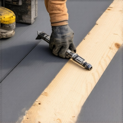 A contractor measuring the expansion gap on a high-end composite deck installation.