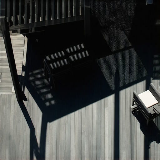 A dark composite deck cooled by a modern pergola and breathable outdoor rugs.