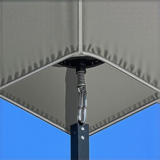 Stainless steel spring used for tensioning a pergola canopy to prevent wind damage.