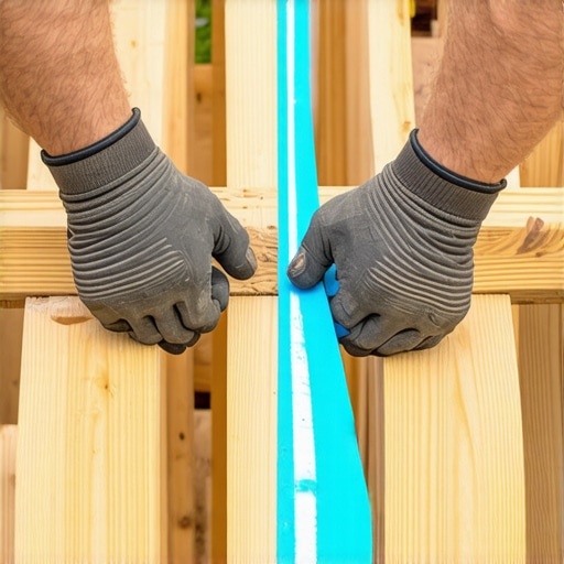 Contractor snapping a blue chalk reference line across wooden deck joists for perfect board alignment