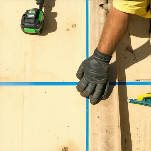 Carpenter snapping a bright blue chalk line across wooden deck joists to ensure straight board installation.
