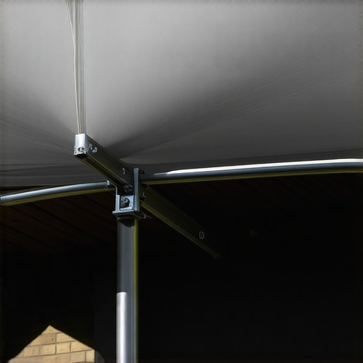 A high-tension stainless steel turnbuckle mounting a shade sail to a wooden pergola rafter.