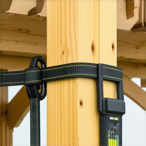A level being used on a pergola post while a ratchet strap pulls it into position.