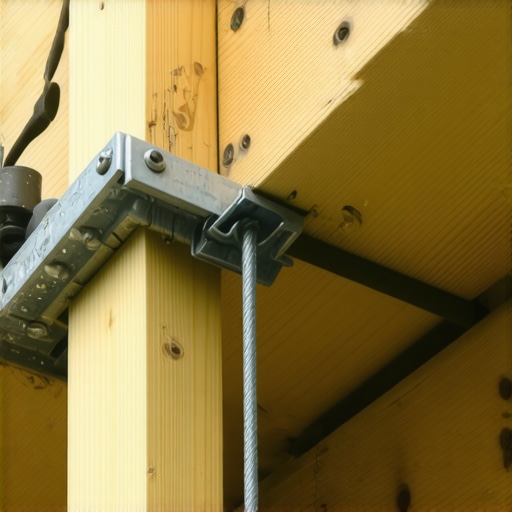 A heavy duty pipe clamp used to straighten a twisted wooden rafter on a pergola structure.