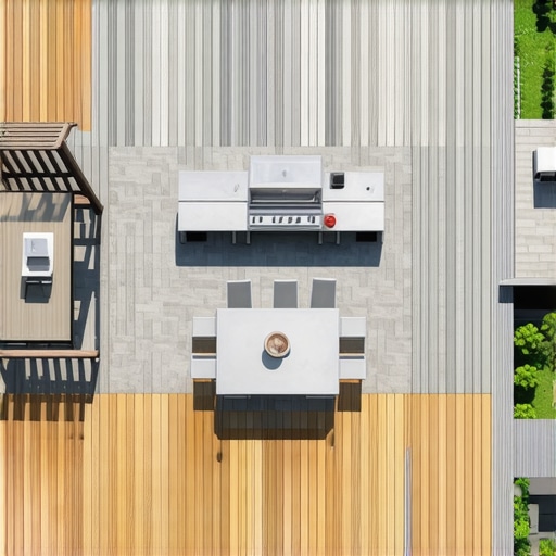 A top-down diagram of a deck with distinct cooking, dining, and lounging zones.