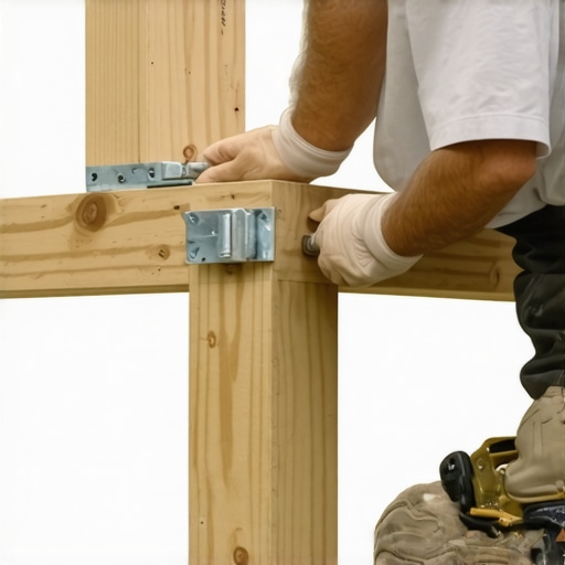 Close-up of deck framing with structural post brackets and blocking.