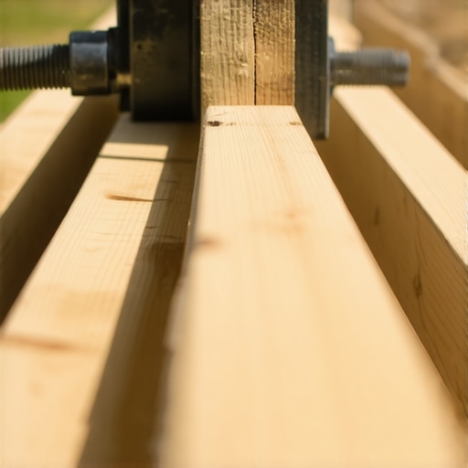Professional deck framing showing solid blocking between joists and a bar clamp used to straighten bowed lumber.