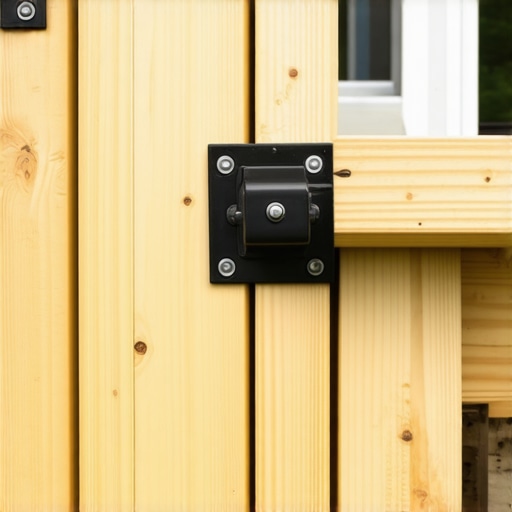 Close-up of deck ledger board with structural spacers creating a drainage gap against the house siding.