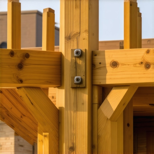 Close-up of a 45-degree wooden knee brace providing structural support to a pergola corner