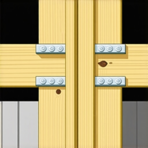 Internal framing view of a deck railing post reinforced with tension ties and blocking.