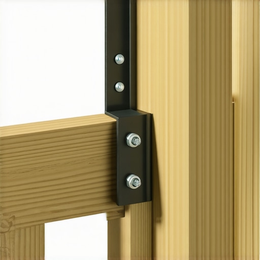 A heavy-duty structural bracket reinforcing a deck railing post for lateral stability near a hot tub.