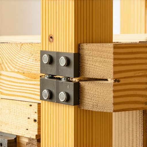 Close-up of a deck railing post secured with through-bolts and internal blocking.
