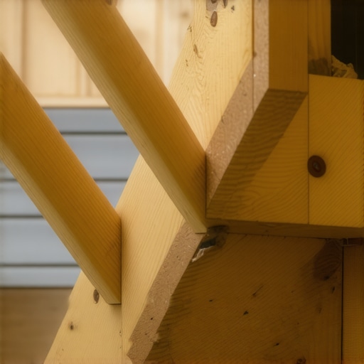 Underside of deck stairs showing diagonal bracing and solid blocking for increased stability