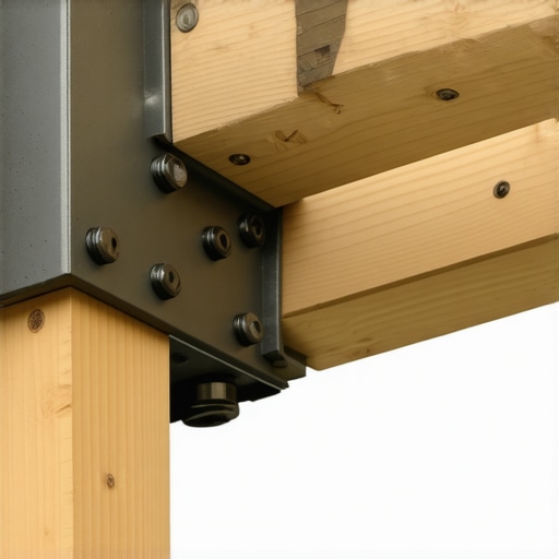 Close-up of a heavy-duty steel bracket connecting a pergola post and beam for storm resistance.