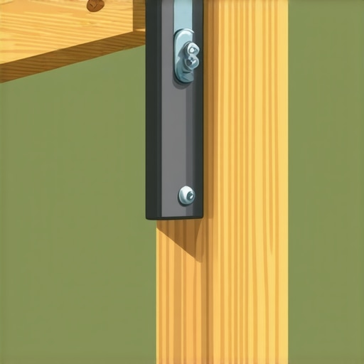 A metal tension bracket bolting a wooden deck post to the joist frame for maximum stability