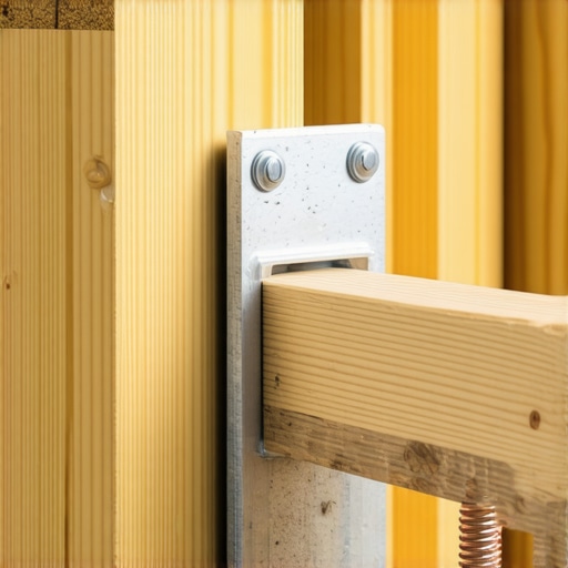 Close-up of a galvanized steel tension tie securing a deck railing post to internal joists for safety.
