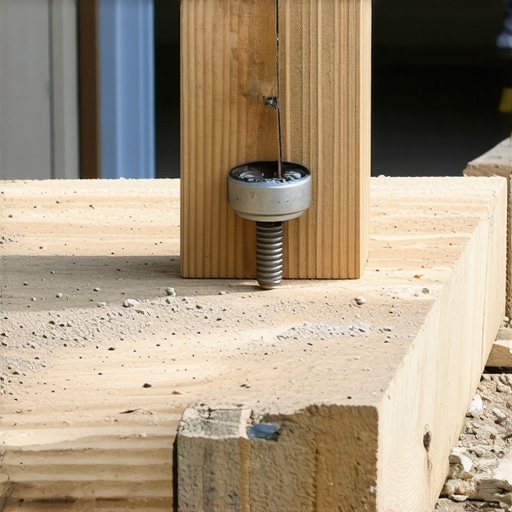 Close-up of temporary shoring and screw jack supporting a deck frame
