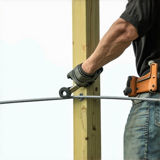Close-up of hand tensioning a cable railing on a deck post
