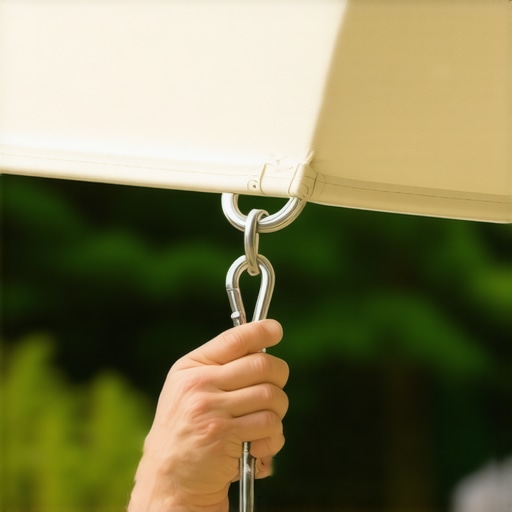 Close up of a hand adjusting a turnbuckle on a pergola post to tension a shade sail.