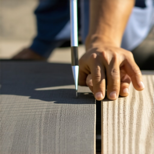 Close-up of textured composite decking being tested for durability against pet claws.