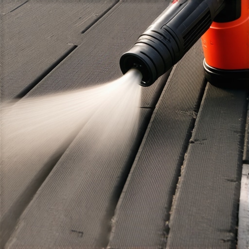 A handheld leaf blower pointing at the gaps between deck boards to test for water leaks.