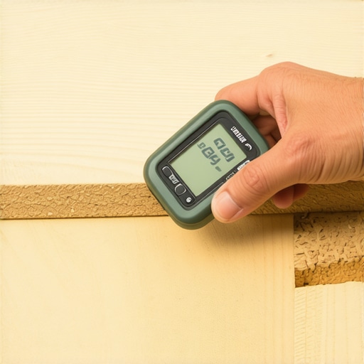 A professional checking the moisture content of deck framing with a moisture meter.