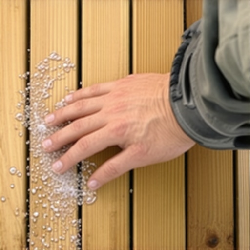 A hand performing a slip test on a textured composite deck board sample using wet sand.