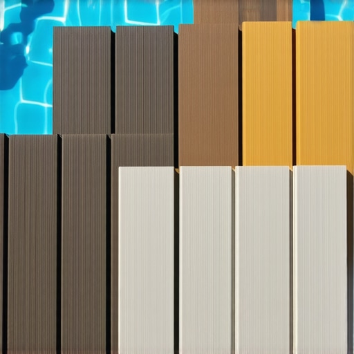 Light colored composite decking samples being tested for heat resistance near a swimming pool.