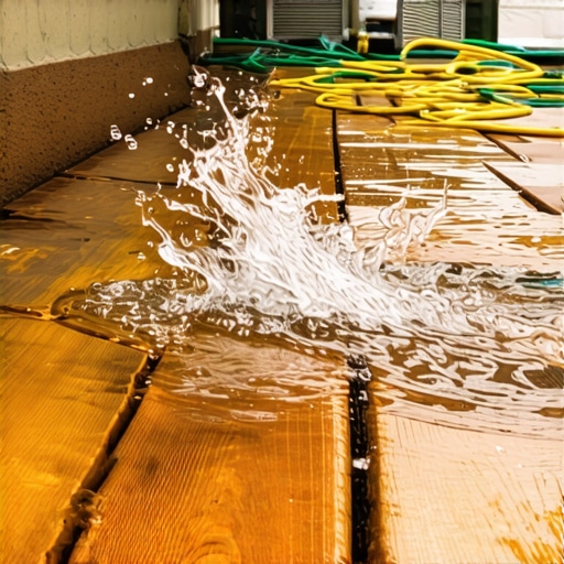 A garden hose spraying water onto deck joists to check for proper drainage and pitch away from the house.