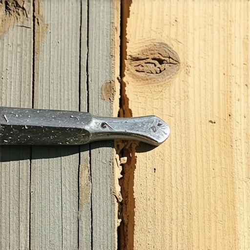 Close-up of an ice pick test being performed on a wooden deck joist to check for structural rot.
