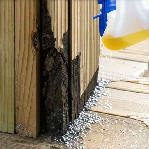 Close up of a DIY rot detection test using a spray bottle on a wooden deck post.