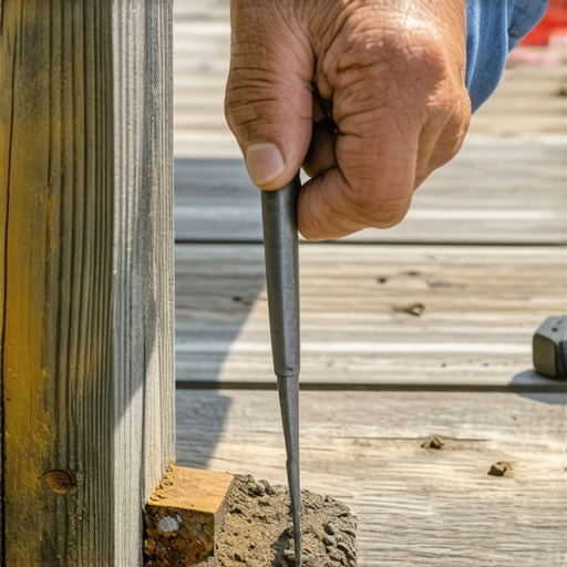 A hand using an ice pick to check the structural integrity of a wooden deck post