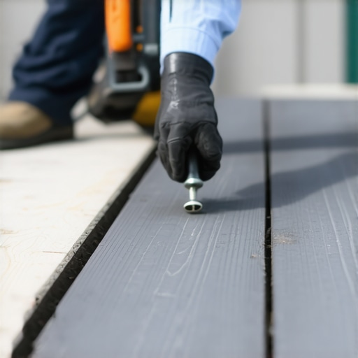 A contractor using a stand-up tool to install hidden fasteners on a composite deck.