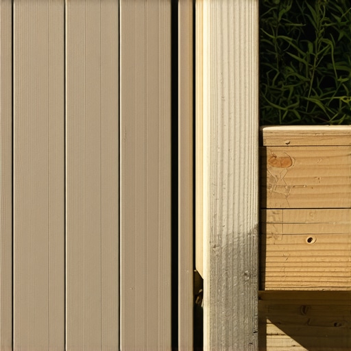 Buckled composite deck board near a heavy garden planter showing structural stress.