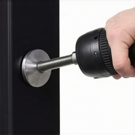 Close-up of impact driver tightening a bolt on a black metal deck railing post