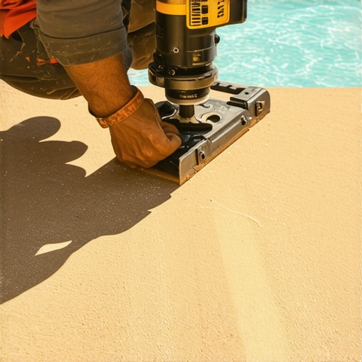 Carpenter using a router and plywood template to cut a perfect curve on a composite deck board near a pool.