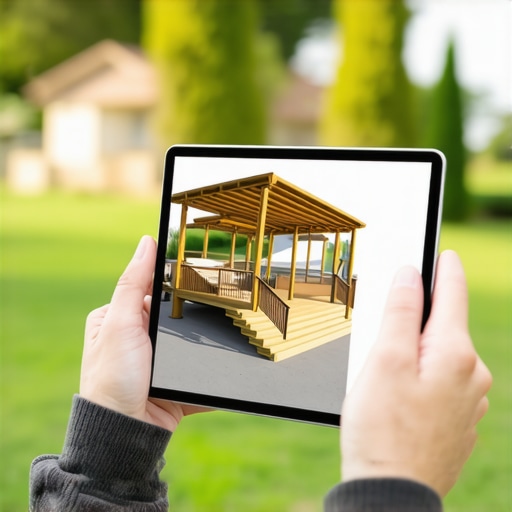 A tablet displaying a 3D deck model over a real construction site