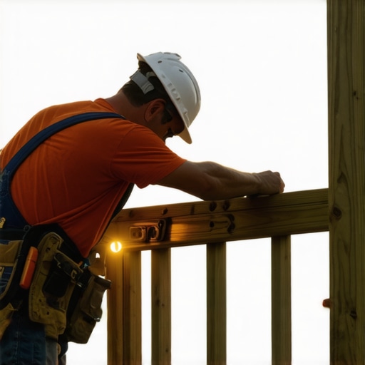 A flashlight beam creating a level shadow across deck posts for bracket installation.