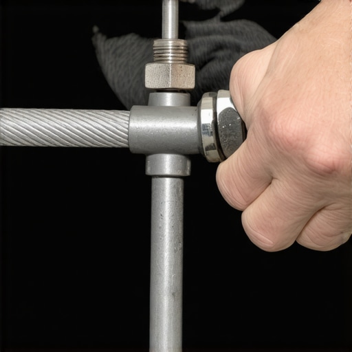 A DIYer uses common tools to hold a cable railing terminal steady for tensioning.