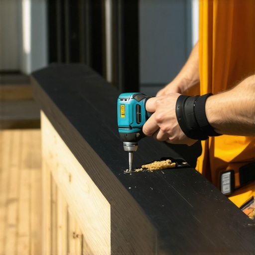 Close-up of a DIY enthusiast using a drill guide to ensure perfectly centered holes on a composite deck railing system.