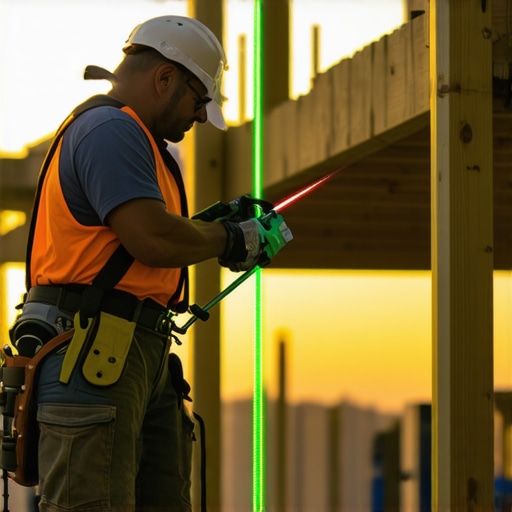 Using a Laser Level for Pergola Alignment A green-beam laser level being used to ensure perfectly level pergola posts on a residential deck project.