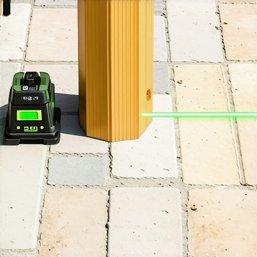 A professional laser level being used to mark heights on a 6x6 pergola post on an uneven patio.