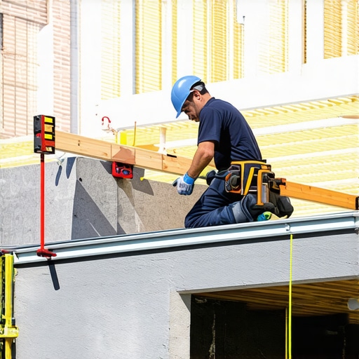 A contractor uses a laser level to ensure rafters are perfectly straight during a pergola installation on a residential deck.
