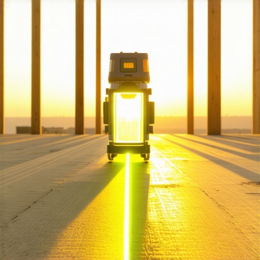 A green laser level projecting a precise line across deck posts for perfect height alignment during construction.