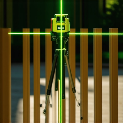 Using a Laser Level for Precision Railing Alignment A green laser level projecting a line across deck railing posts for perfect alignment.