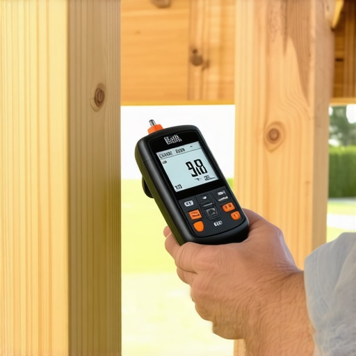 Using a Moisture Meter for Pergola Maintenance A contractor testing the moisture levels of a cedar pergola post with a digital moisture meter to prevent rot.